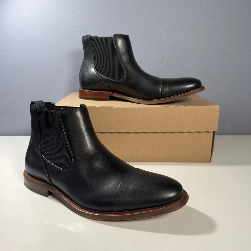 Stacy Adams Chelsea Boots Men New Black Cap Toe Stretch Leather‎ ankle Size 9